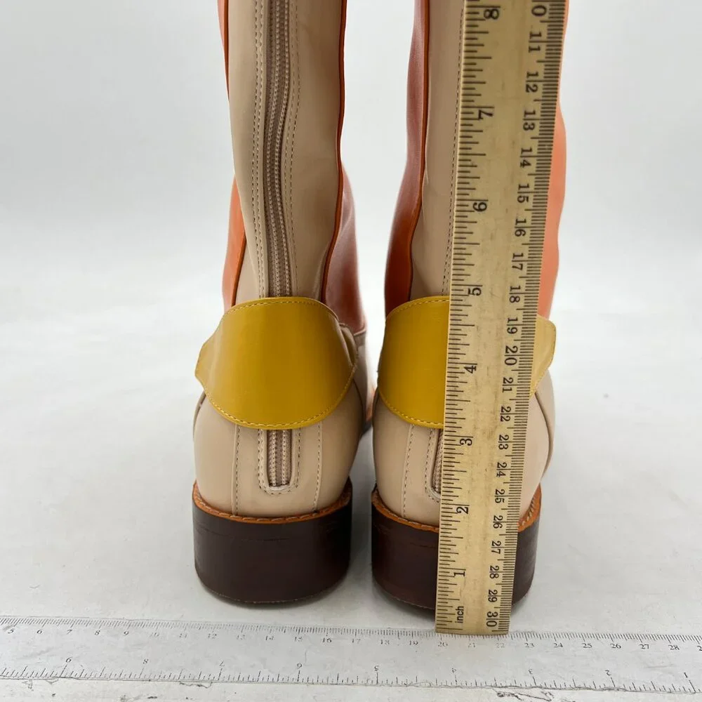 Orange Multicolor Knee High Boots Chunky Heel Round Toe Back Zipper Booties
